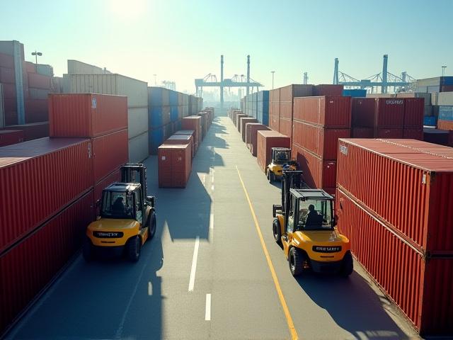 एक शिपिंग कंटेनर टर्मिनल जिसमें फोर्कलिफ्ट एक बड़ी सूची के साथ काम कर रहा है, जिसमें वैश्विक व्यापार और अनुपालन को दर्शाया गया है।